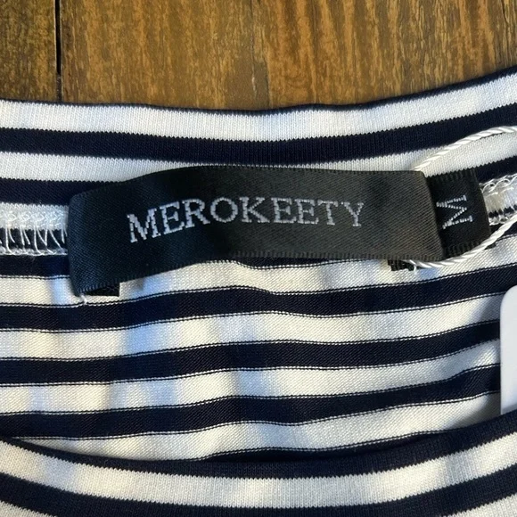 MEROKEETY Striped Navy Blue and White Dress Short sleeve with front tie Nautical - Picture 3 of 13